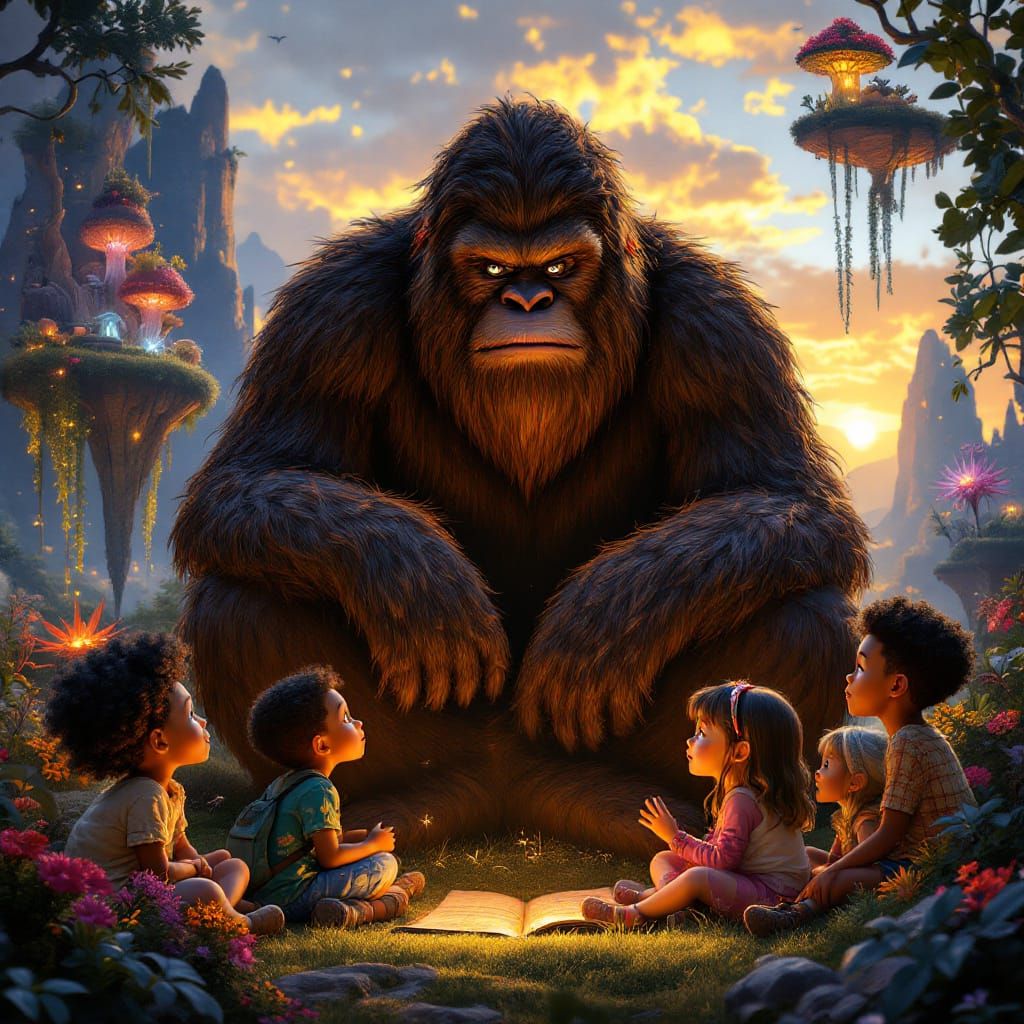 Bigfoot Tells Stories to Children in Fantastical Worlds