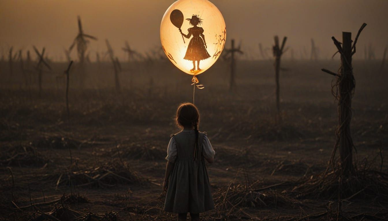 Eerie Scarecrow Field With Girl And Eerie Balloon