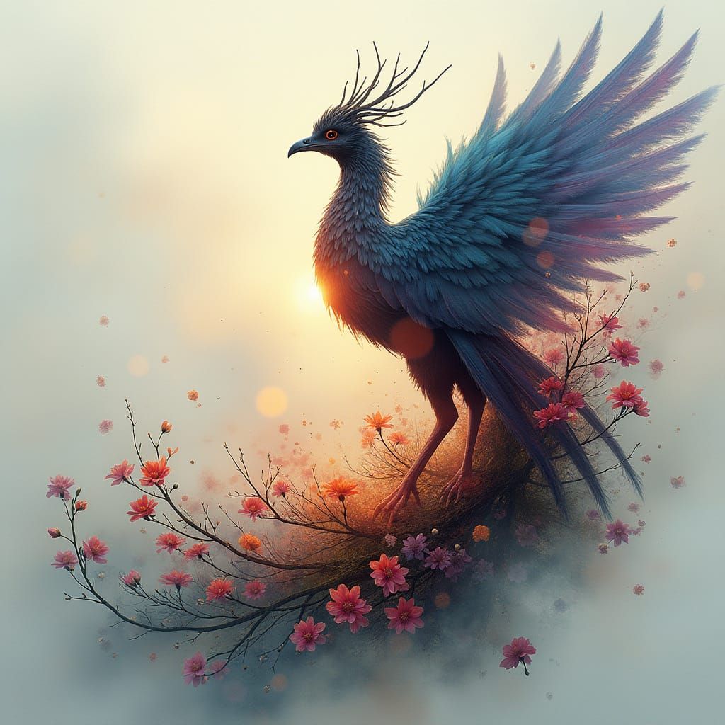 Fantasy Phoenix and Flowers Double Exposure Surrealism
