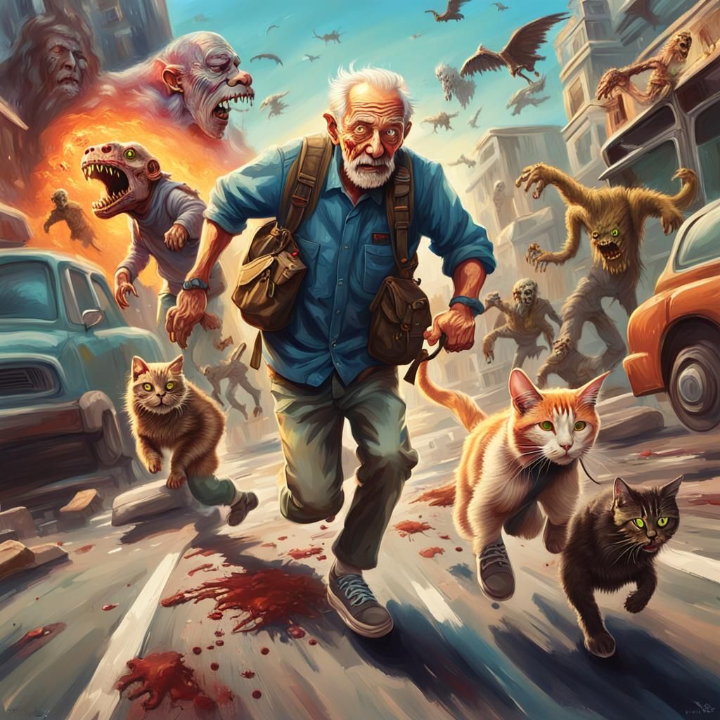 Skateboarding Old Man Escaping Disaster: Hyperrealistic Art