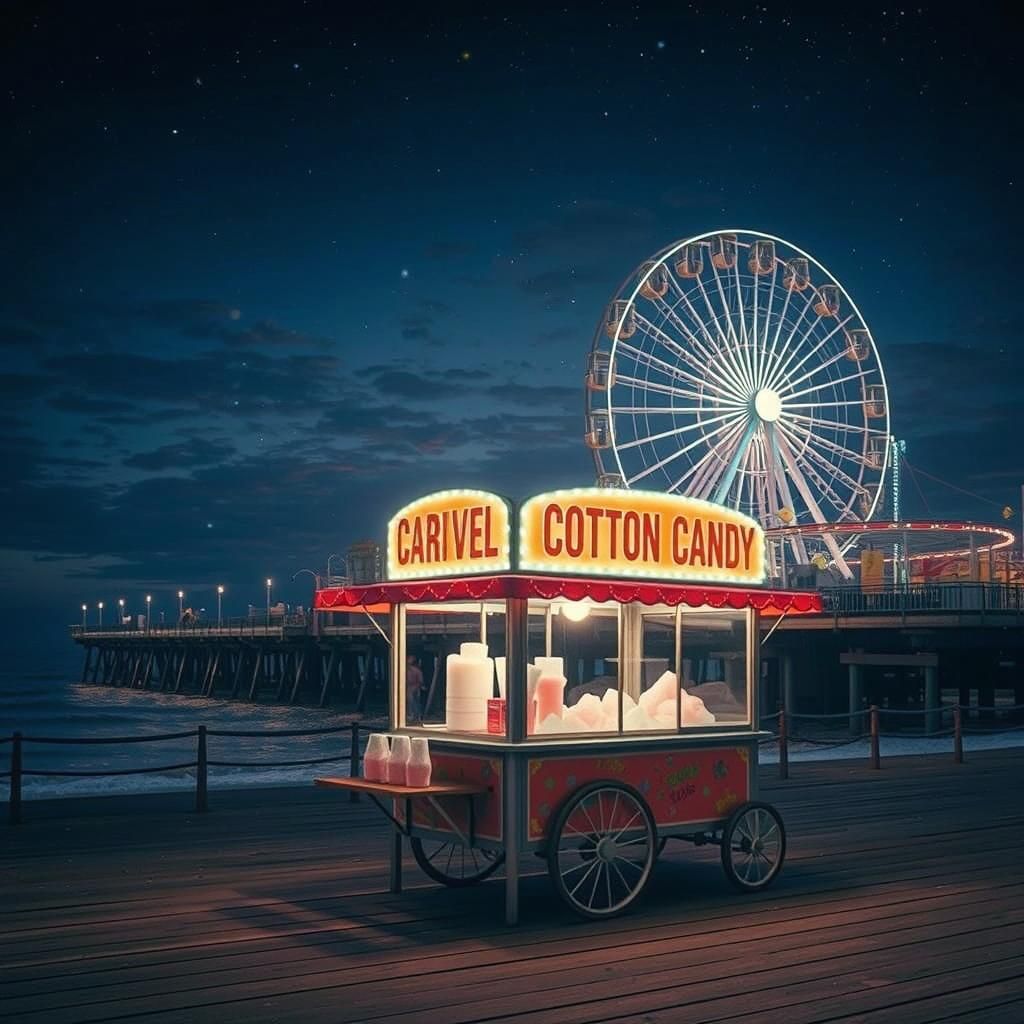 Cotton Candy Cart at Pier Carnival Under Starry Sky