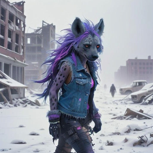 Frostbitten Furry She-Hyena Walks Through Ruins
