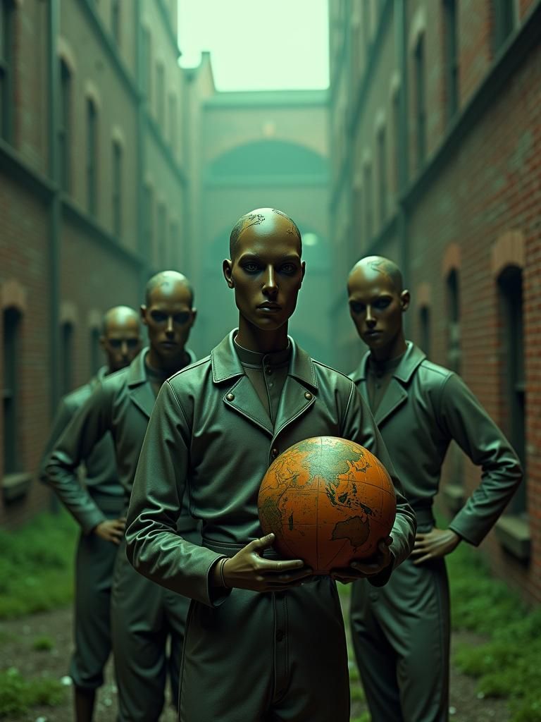 Ominous Mannequins in Ruined Factory, Art Nouveau Style