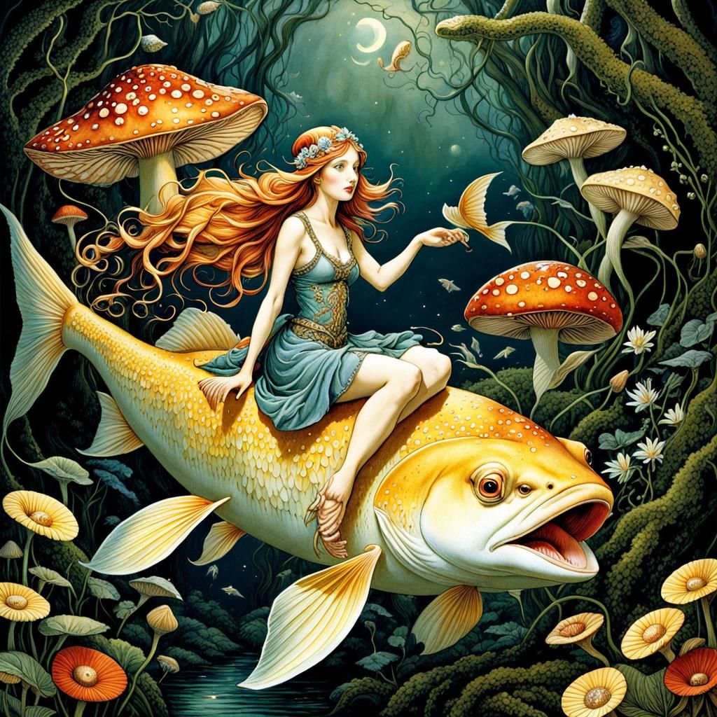 Enchanting Fairy Rides Fish in Detailed Illustration