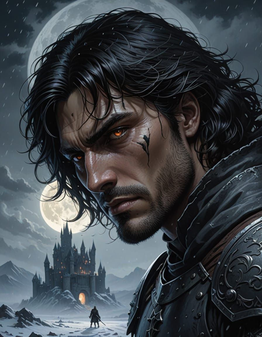 The Lone Dark Knight in Snowy Castle Ruin