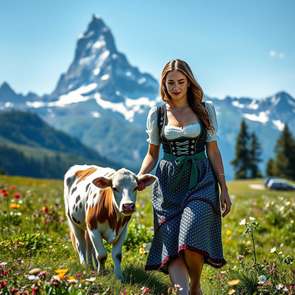 Alpine Meadow Scene with Woman and Cow at Matterhorn