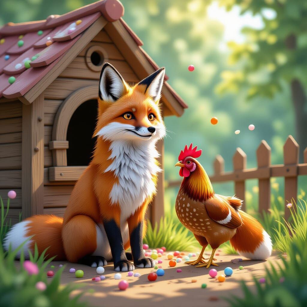 Noble Fox Guards Hen House in Whimsical Candy Art Style