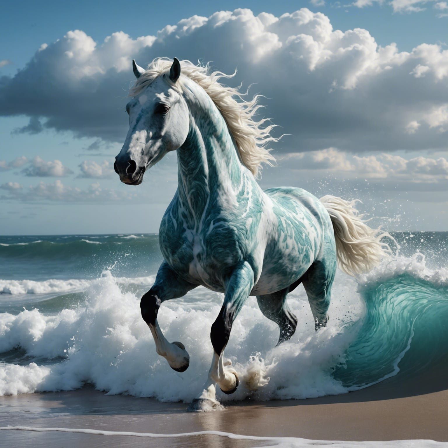 Majestic Sea Horse Galloping on Wild Wave Shore