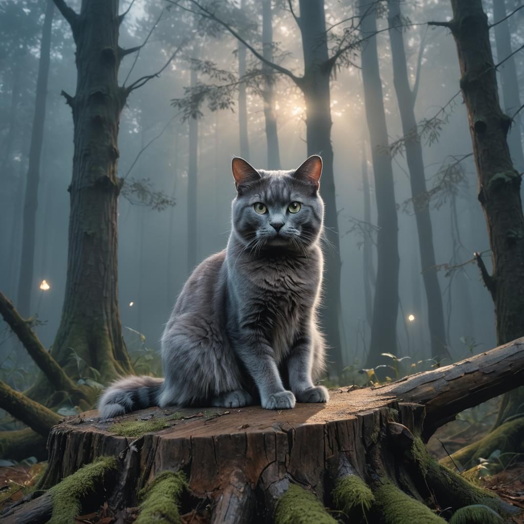 Blue Cat in Misty Forest, Fantasy Art