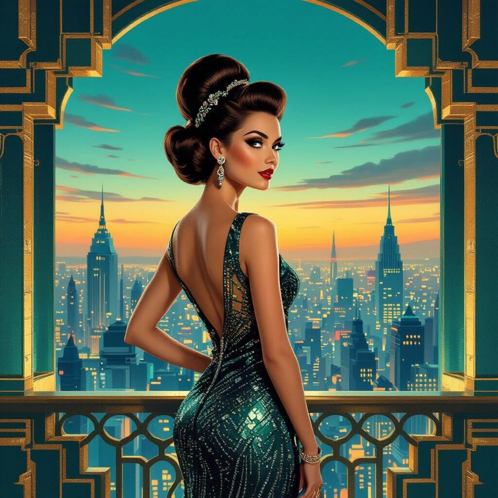 Glamorous Woman on Retro-Futuristic Balcony at Dusk