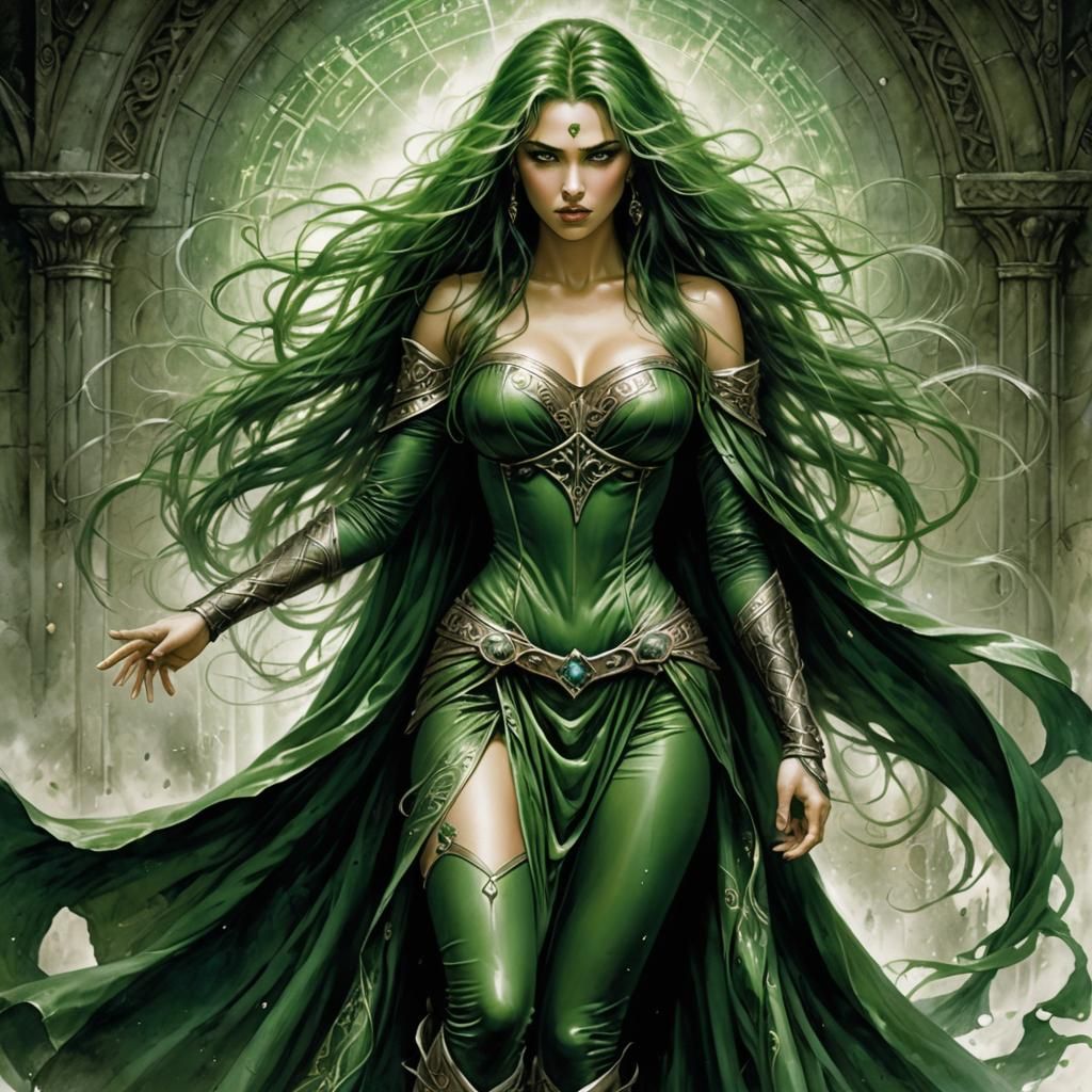 Green Witch Illustration in the Style of Luis Royo