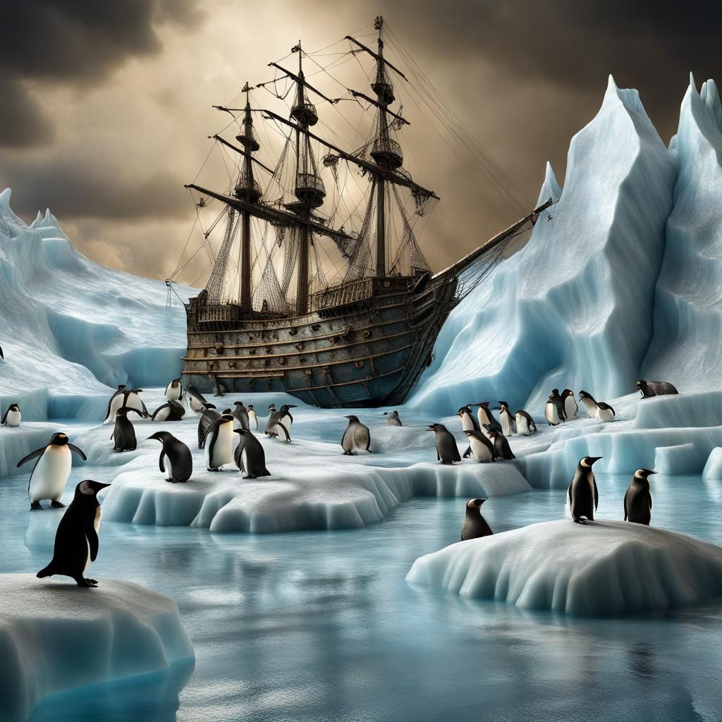 Hyperrealistic Bronze Relief: Penguins and Pirate Ship