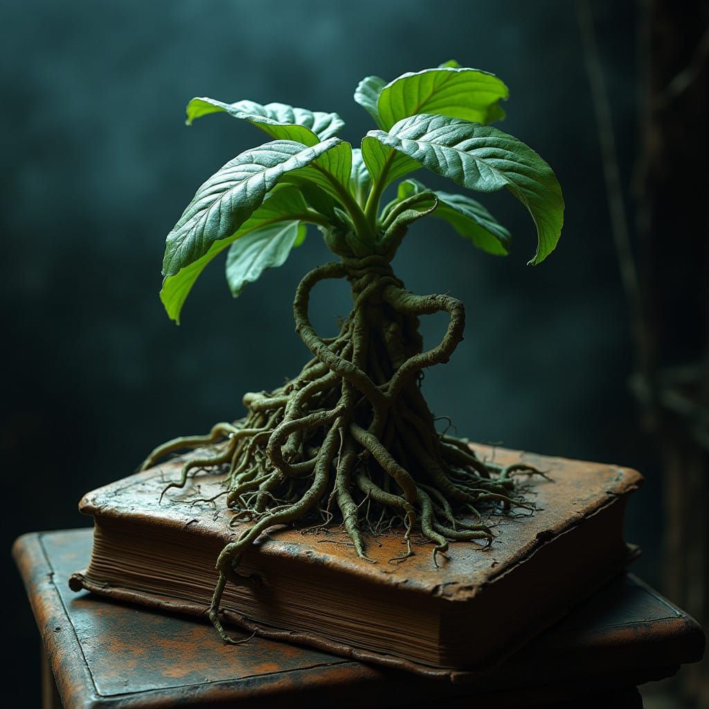 Mysterious Mandrake Unfurls Roots from Leather-Bound Book in...