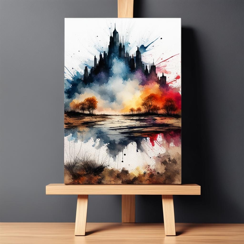 Watercolor Landscape on Canvas in Ink Splatter Style