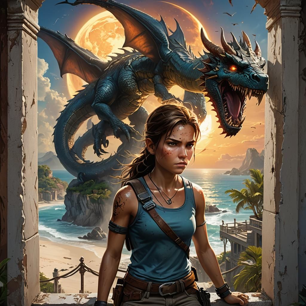 Child Lara Croft and Dragon on Beach Balcony