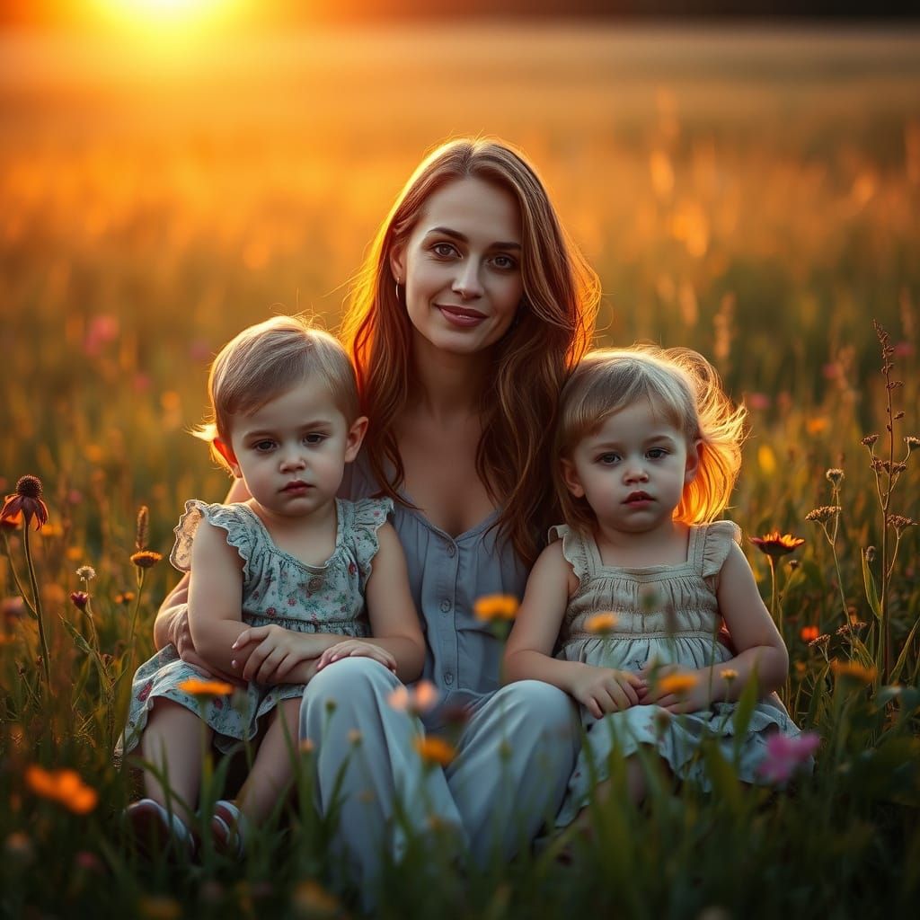 Serene Family Moment in a Golden Sunset Field