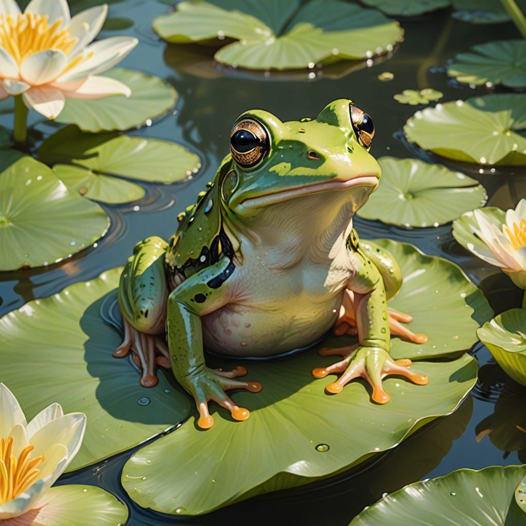 Whimsical Frog on Lily Pad, Pastel Watercolor Illustration