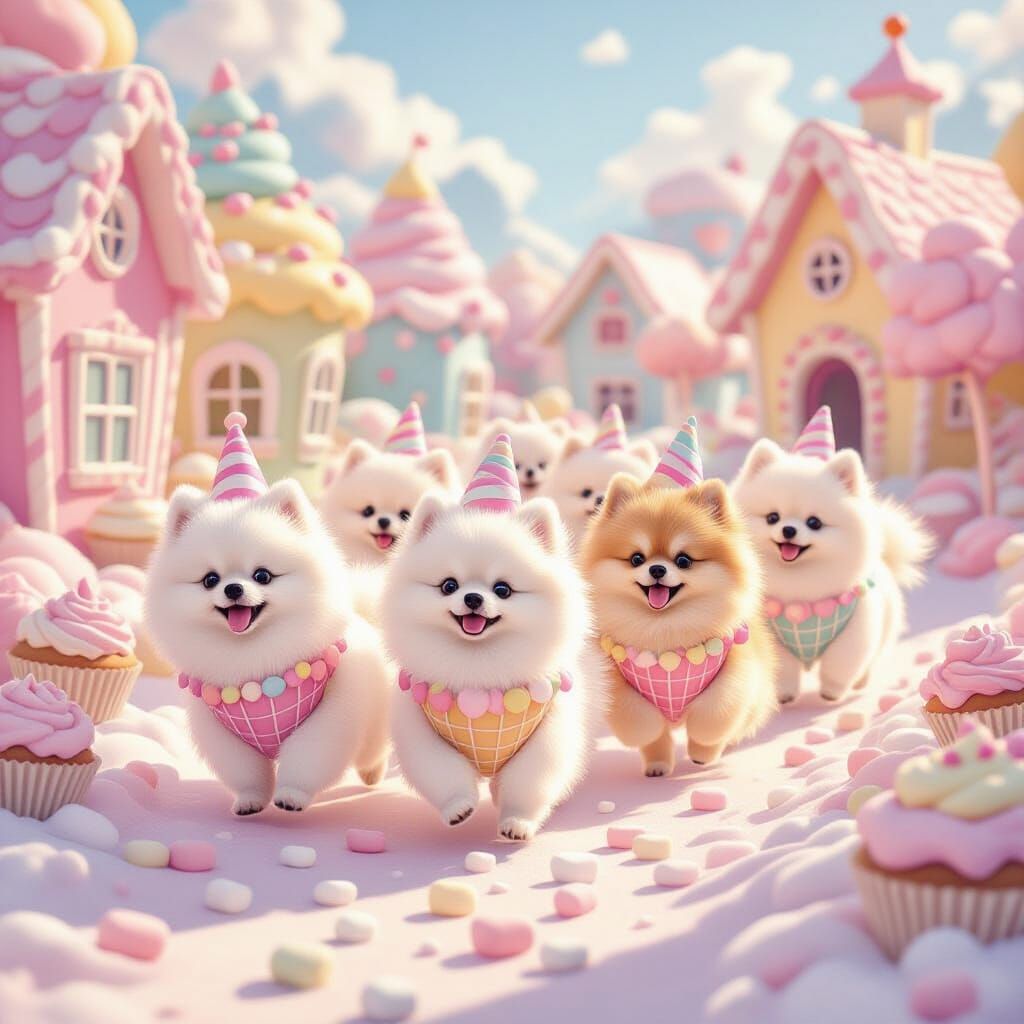Fluffy Pomeranians as Sweet Treats in Candy Land