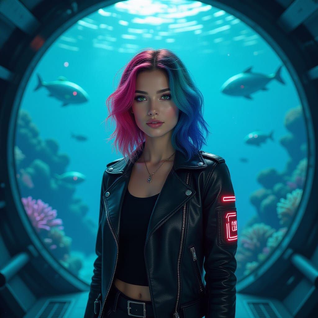 Cyberpunk Submarine Adventure with Bioluminescent Ocean