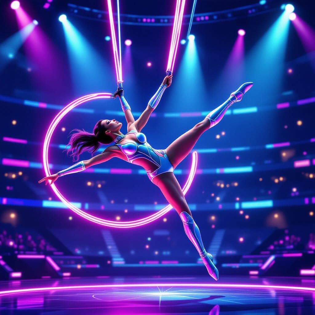 Futuristic Acrobat Performing with Glowing Energy Ropes
