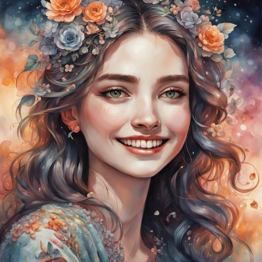 Surreal Woman's Smile in Moody Watercolor Style