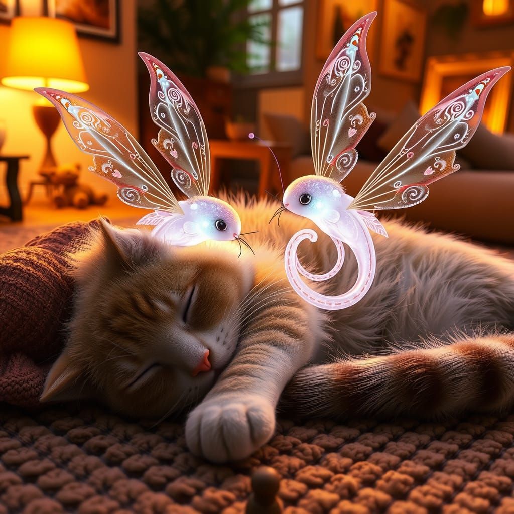 Sprites Play with Cat in Cozy Living Room