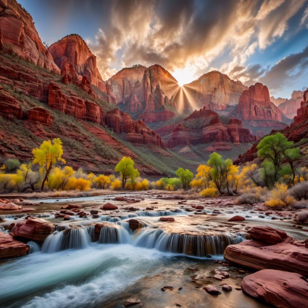 Zion National Park: River, Rainbow, and Eagle