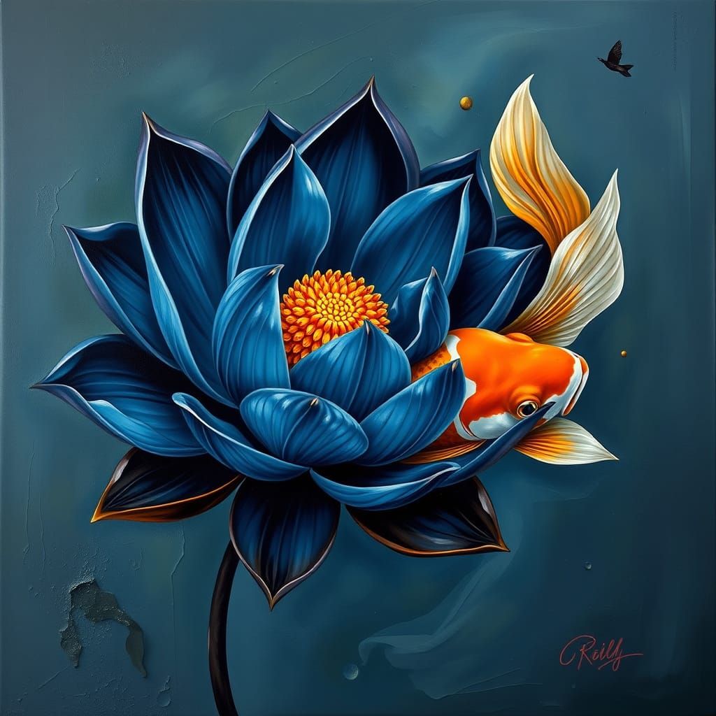 Surrealistic Lotus Transformation in Dark Blue and Gold