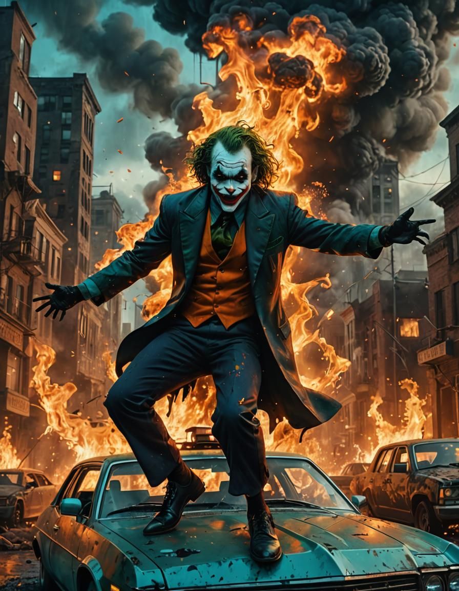 Joker Dancing in Burning City, Fantasy Art