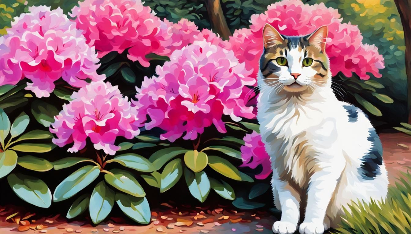 Impressionistic Painting of a Cat with Rhododendron