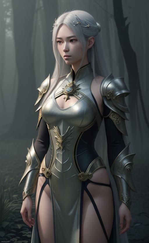 Anime Priestess in Swimsuit Armor in Misty Forest