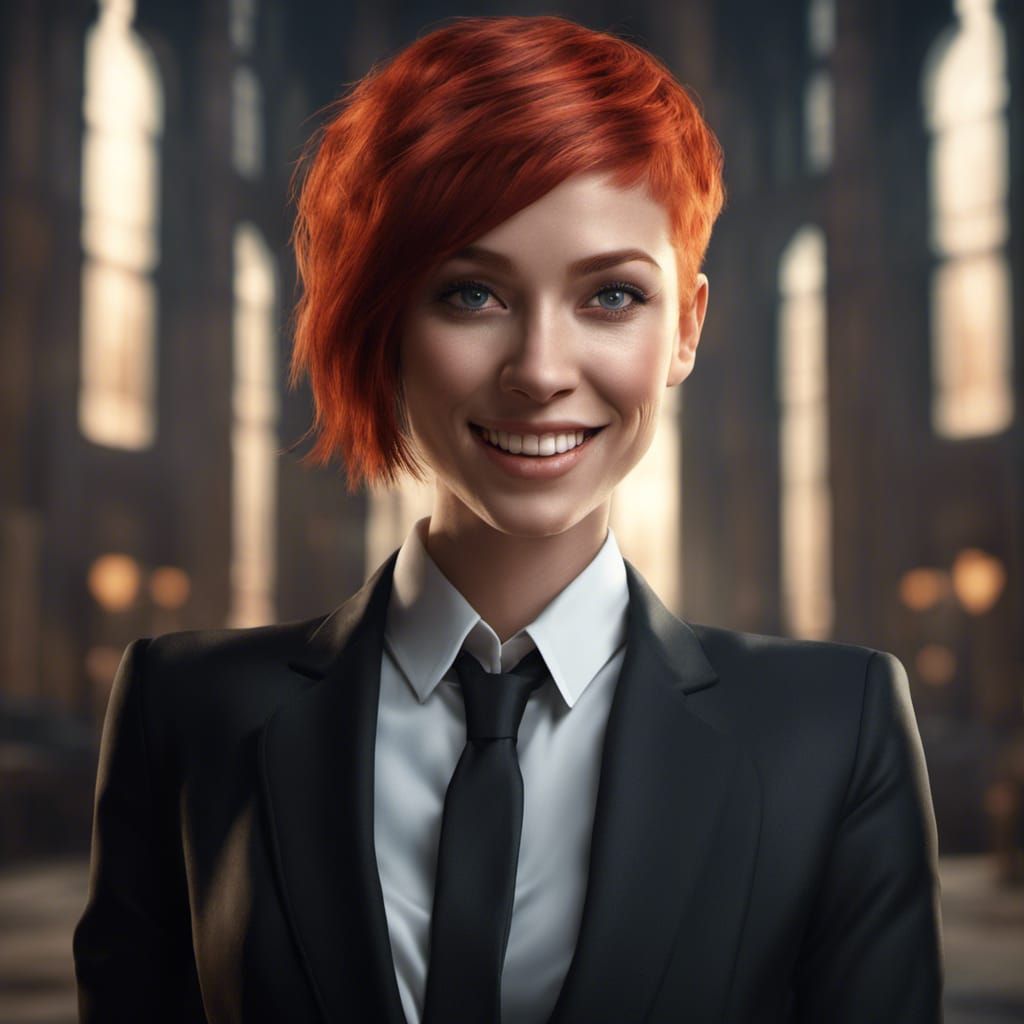 Red-Haired Woman in Black Suit: Detailed Matte Painting