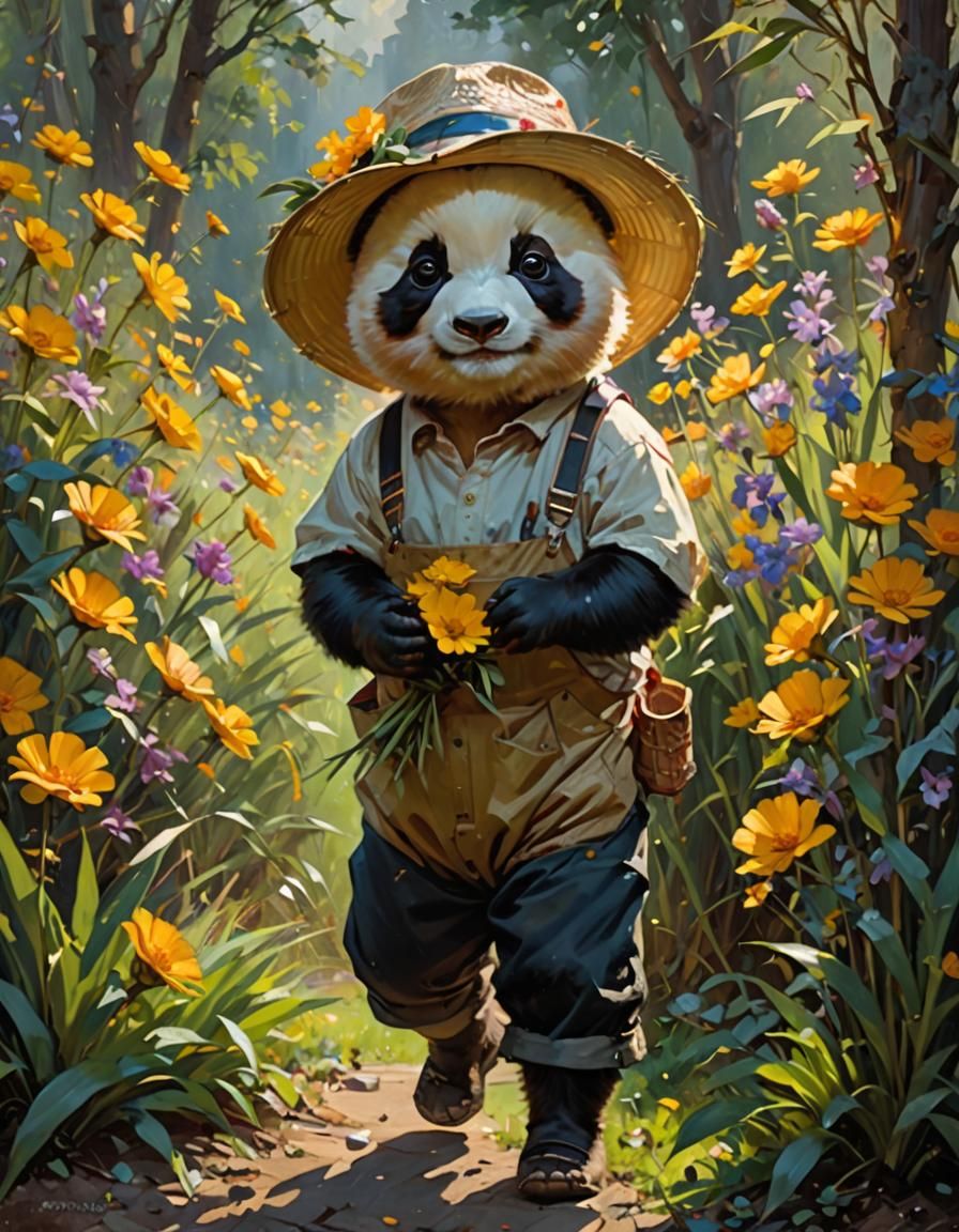 Chubby Panda Picking Flowers: Oil Painting