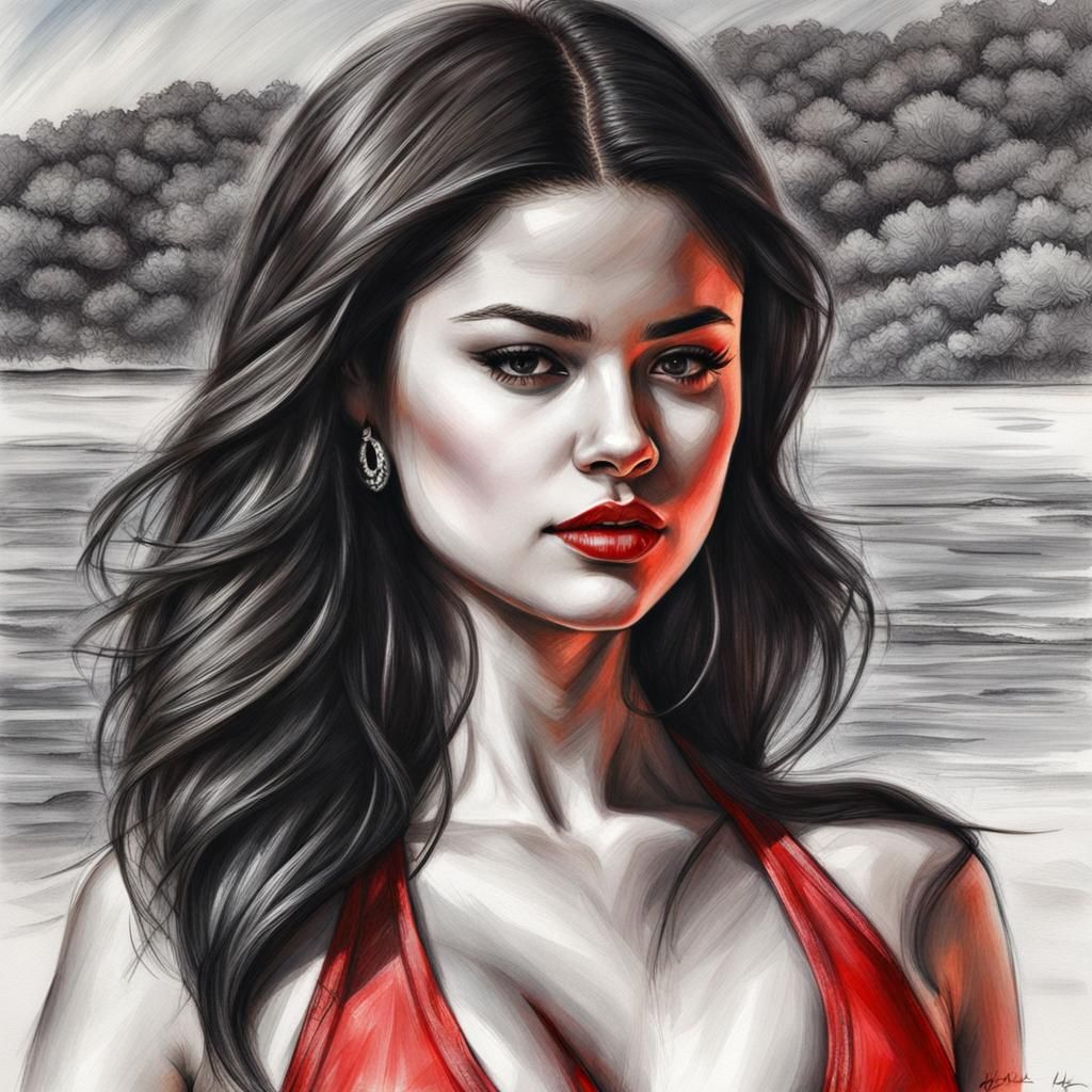 Elegant Pencil Sketch of Woman in Red Bikini