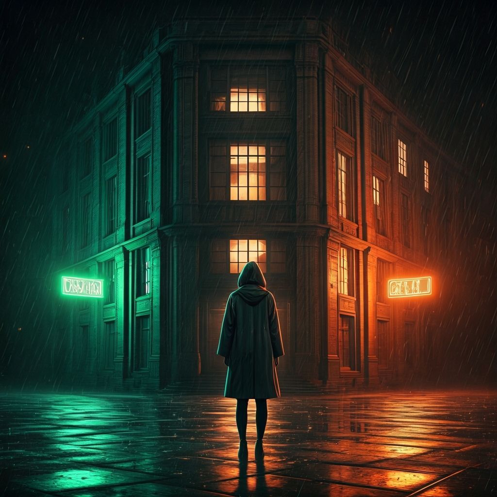 Rainy Cityscape with Neon Reflections in Cyberpunk Style