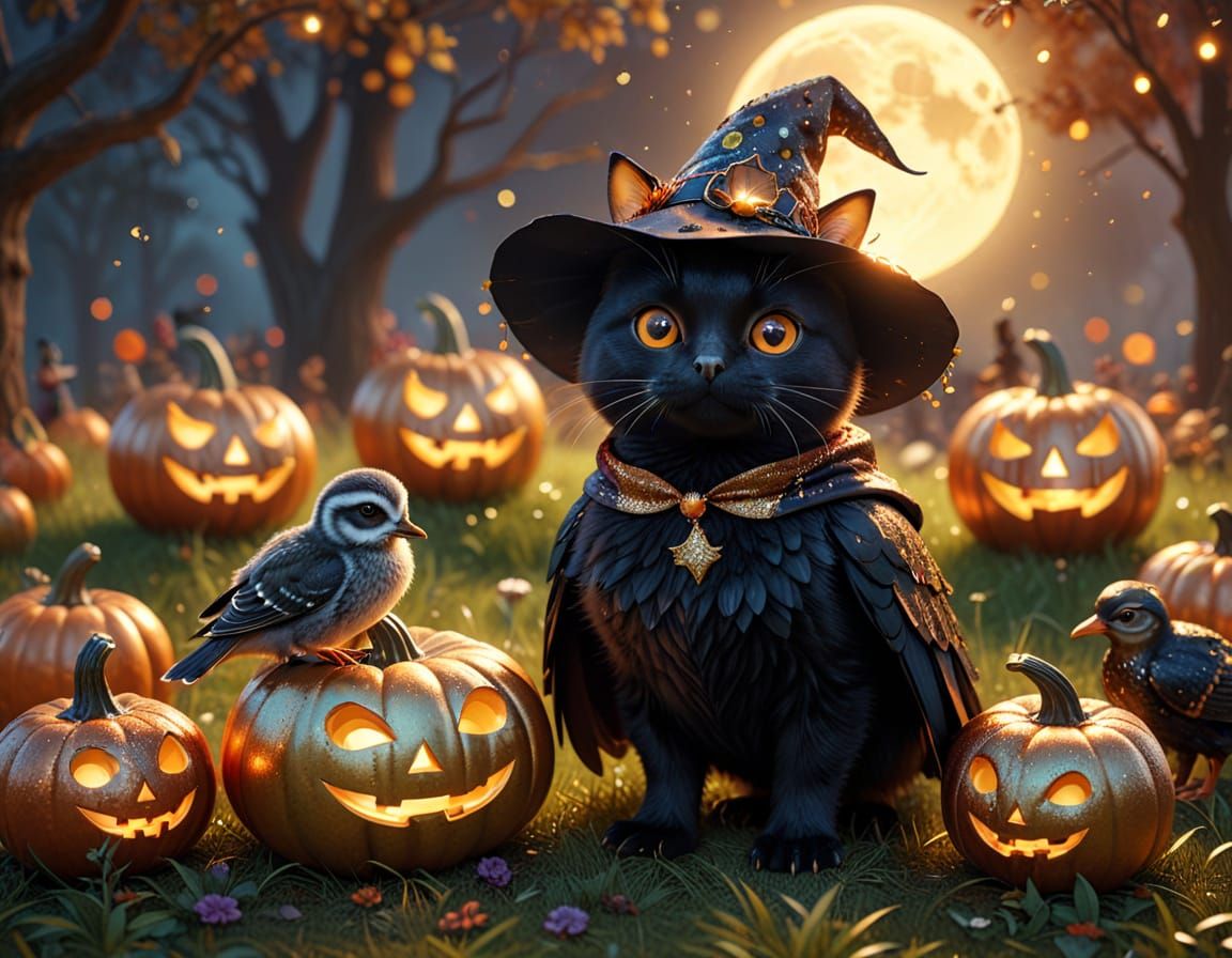Halloween Animals Celebrate in Moonlit Meadow
