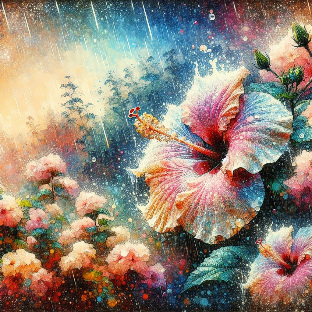 Hibiscus in Rainy Garden: Digital Watercolor Illustration