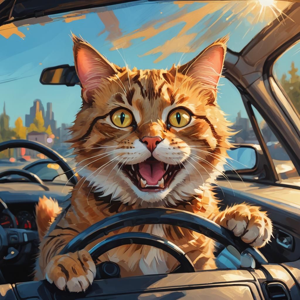 Cartoon Cat Cruising in Bold Brushstrokes and Vibrant Colors