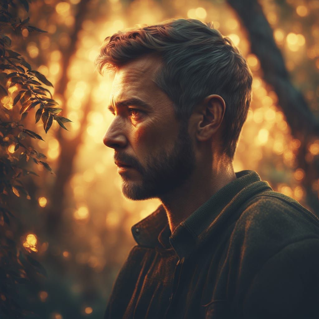 Man Enveloped by Glowing Plants in Warm Golden Light