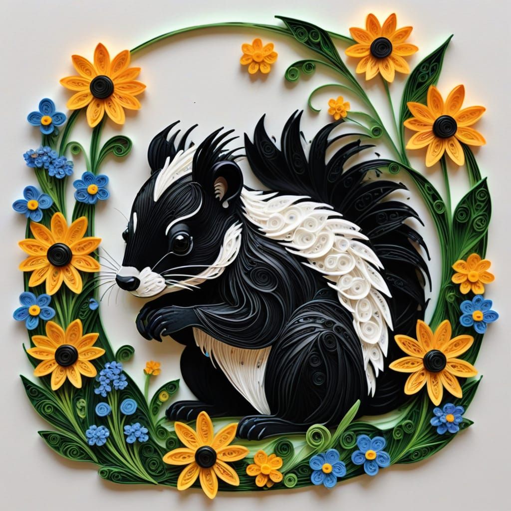 Delicate Quilled Paper Skunk Among Wildflowers