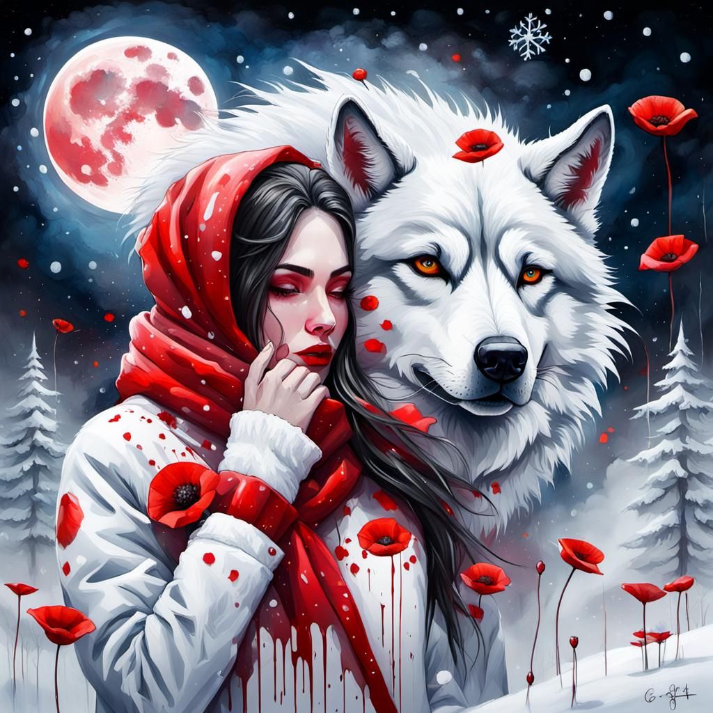 Woman and Wolf Embrace Under Red Moon in Graffiti Art