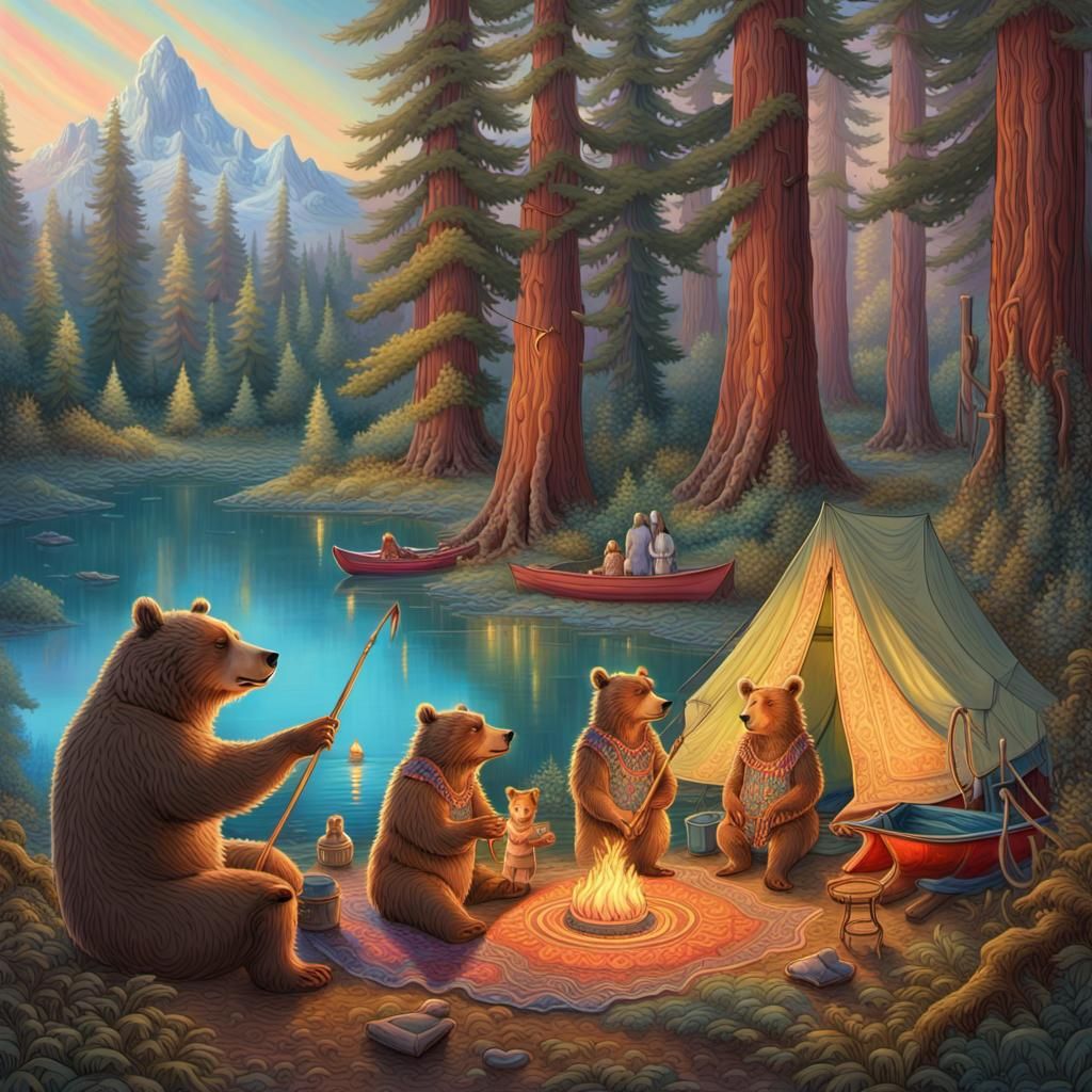 Anthropomorphic Bear Family Camping: A Detailed Matte Painti...