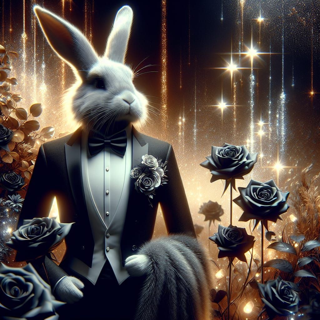 Rabbit in Tuxedo at Funeral with Black Roses