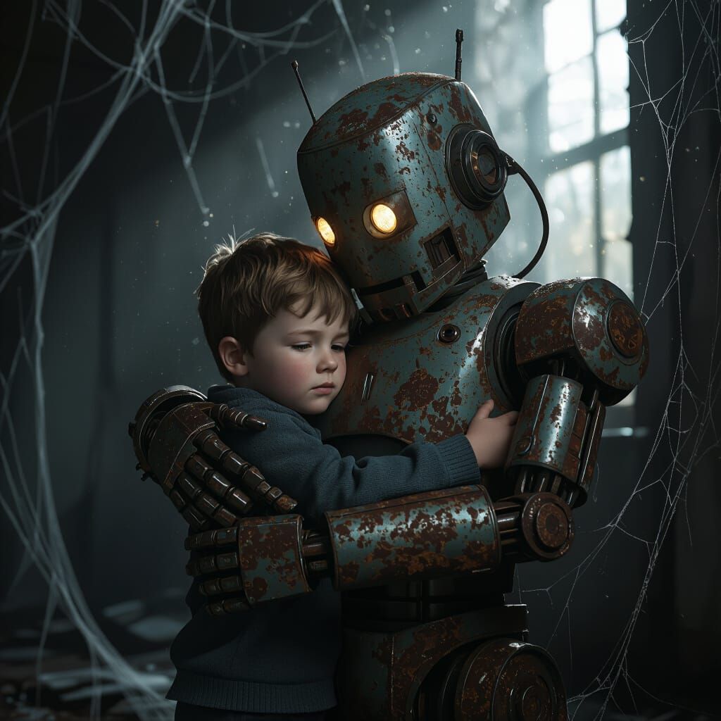 Boy Hugs Giant Rusty Robot in Dim, Dusty Room