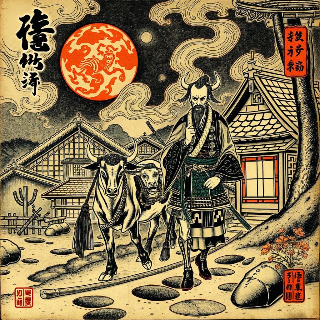 Oxen Samurai in Japanese Village, Encaustic Klimt Style