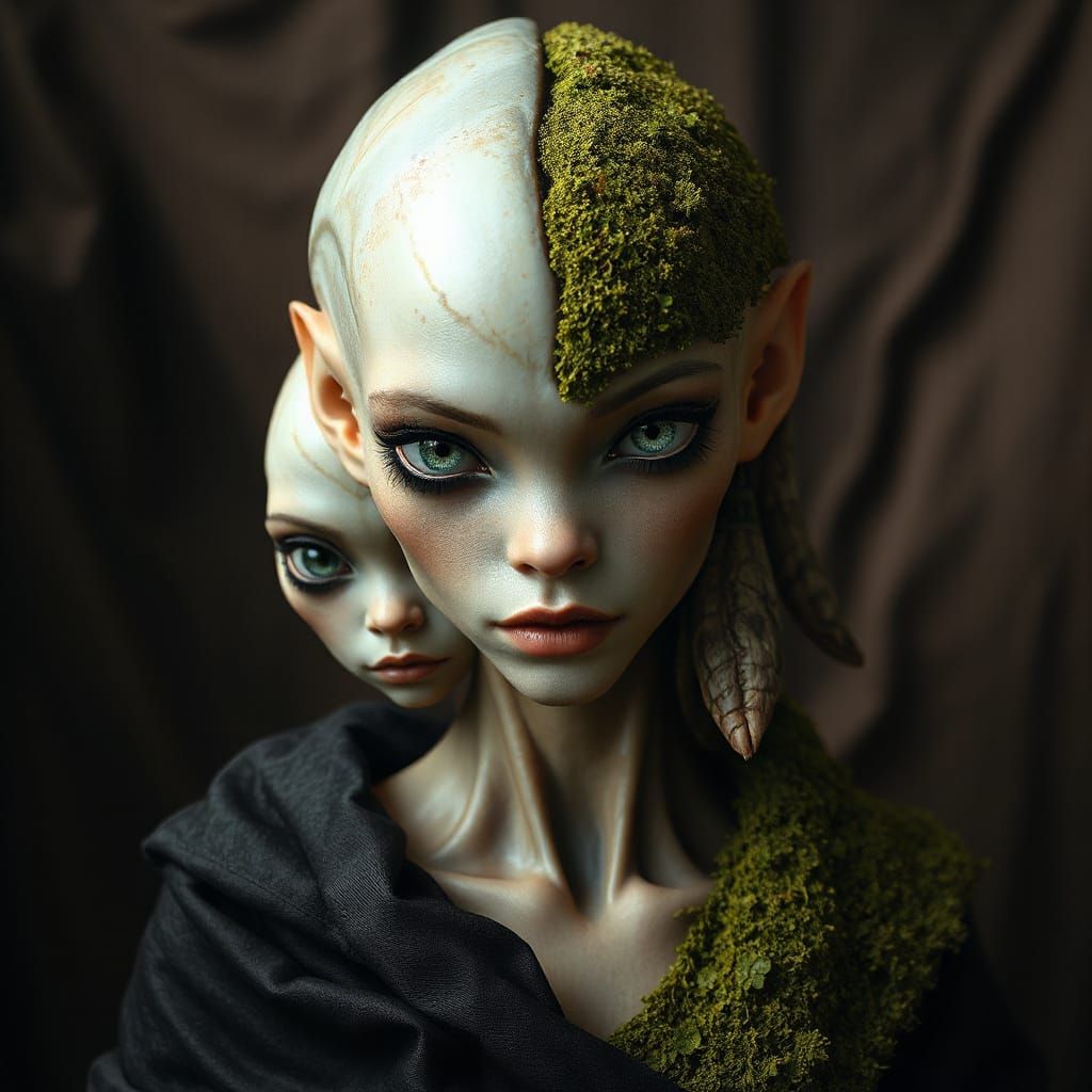 Dual Halves Portrait of Alien Woman, Child and Elder