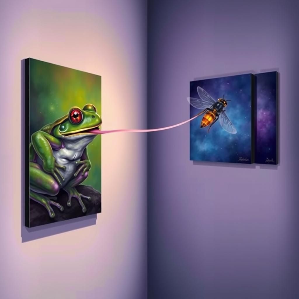 Toad Extends Tongue Between Corner Wall Paintings