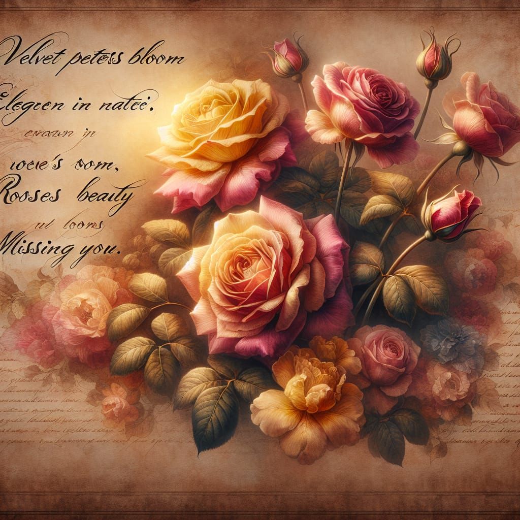 Blooming Roses with Velvet Petals in Romantic Watercolor