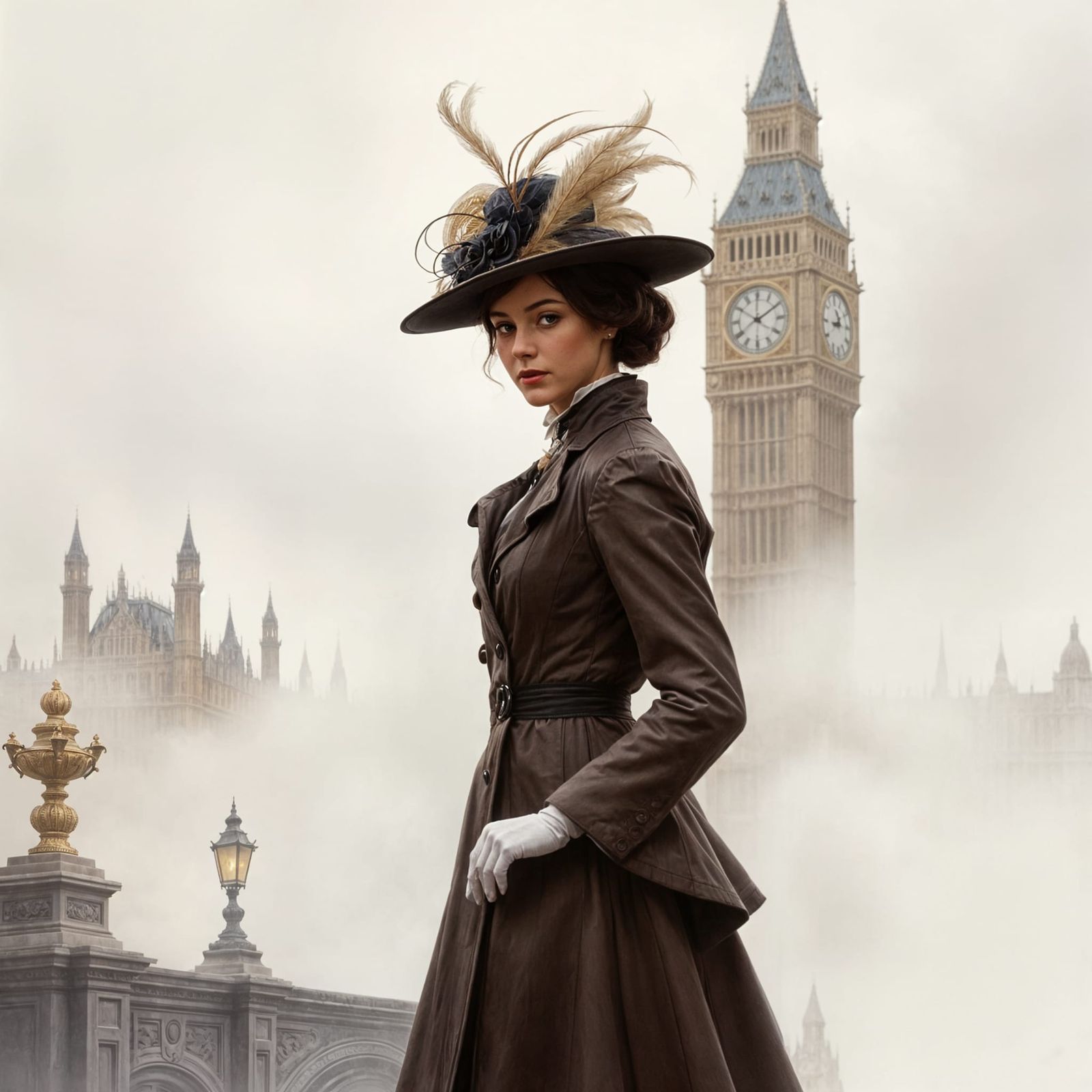 Elegant Victorian Lady in Misty London Cityscape, Impression...
