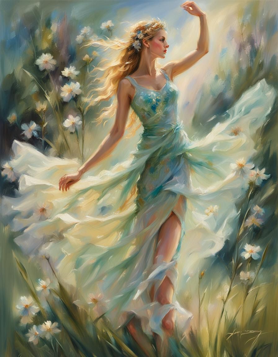 Goddess Dancing in Grassy Field, Oil Painting